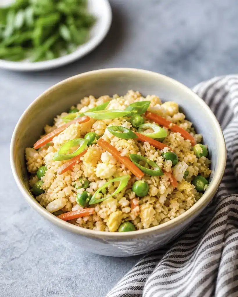 Bowl of cauliflower rice with peas carrots eggs and fresh green onion garnish