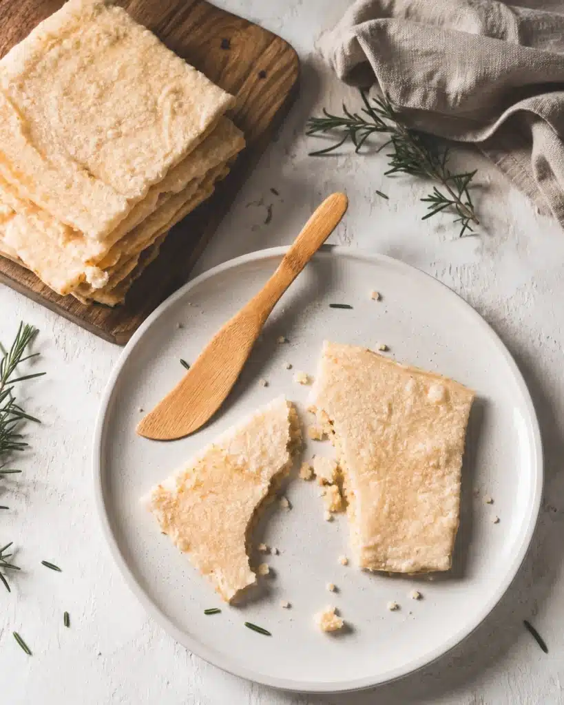 pieces of flatbread on a plate with crumbs scattered and wooden knife beside it