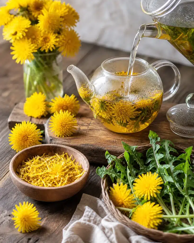Hot water being poured into a glass teapot filled with fresh flowers and leaves