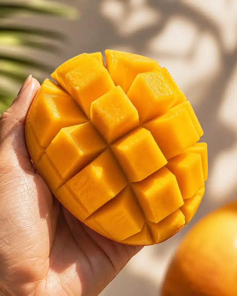 Hand holding freshly cut mango with cube pattern showing juicy texture and bright color
