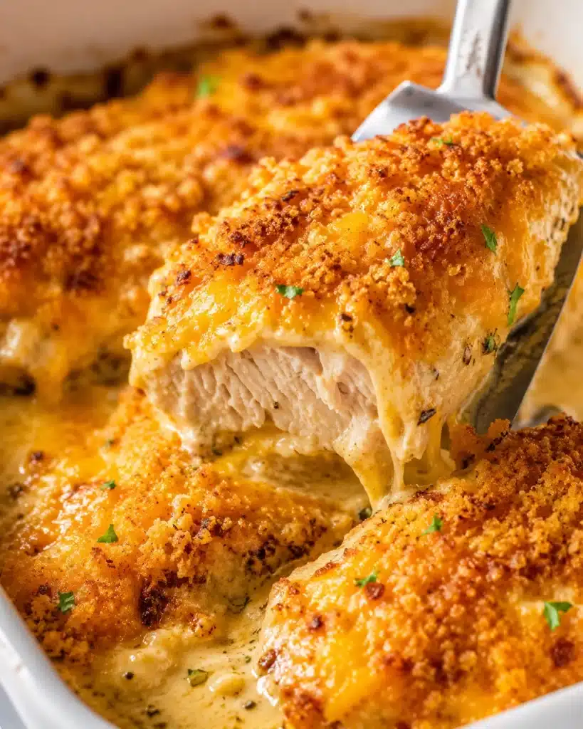 Golden baked chicken breast with crispy cheddar crumb topping lifted from a creamy casserole dish