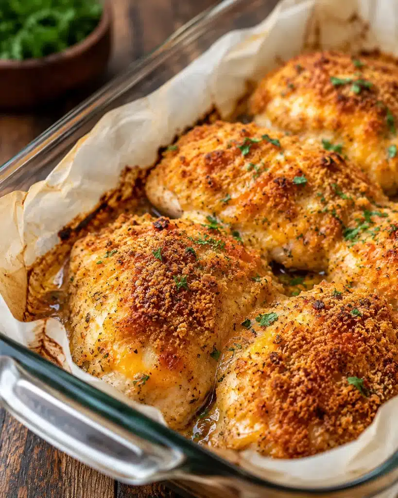 Cheesy baked chicken breasts in a glass dish with golden crumbs, herbs, and parchment paper lining
