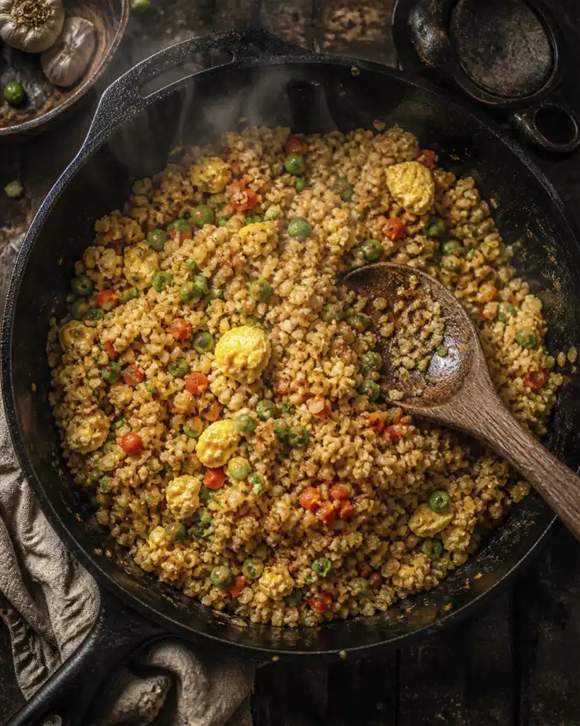 Cauliflower rice stir fry with vegetables and eggs cooking in a cast iron skillet