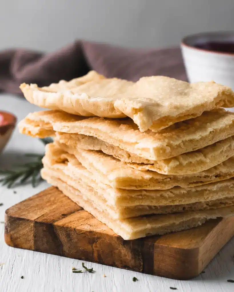 stack of freshly baked flatbread pieces on wooden board with soft folds and golden surface