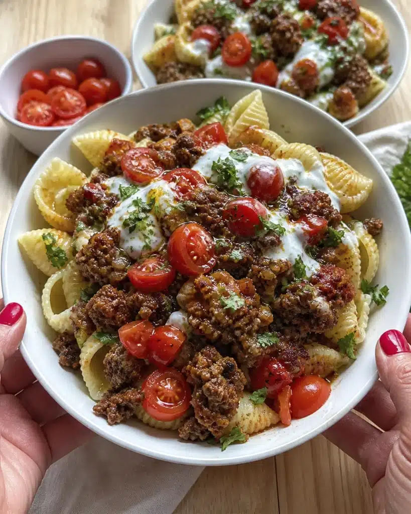 Hands holding a bowl of pasta topped with beef, yogurt sauce, cherry tomatoes, and herbs