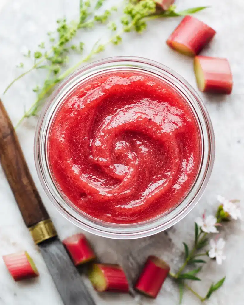 Glass jar filled with smooth red fruit spread surrounded by fresh rhubarb pieces and flowers