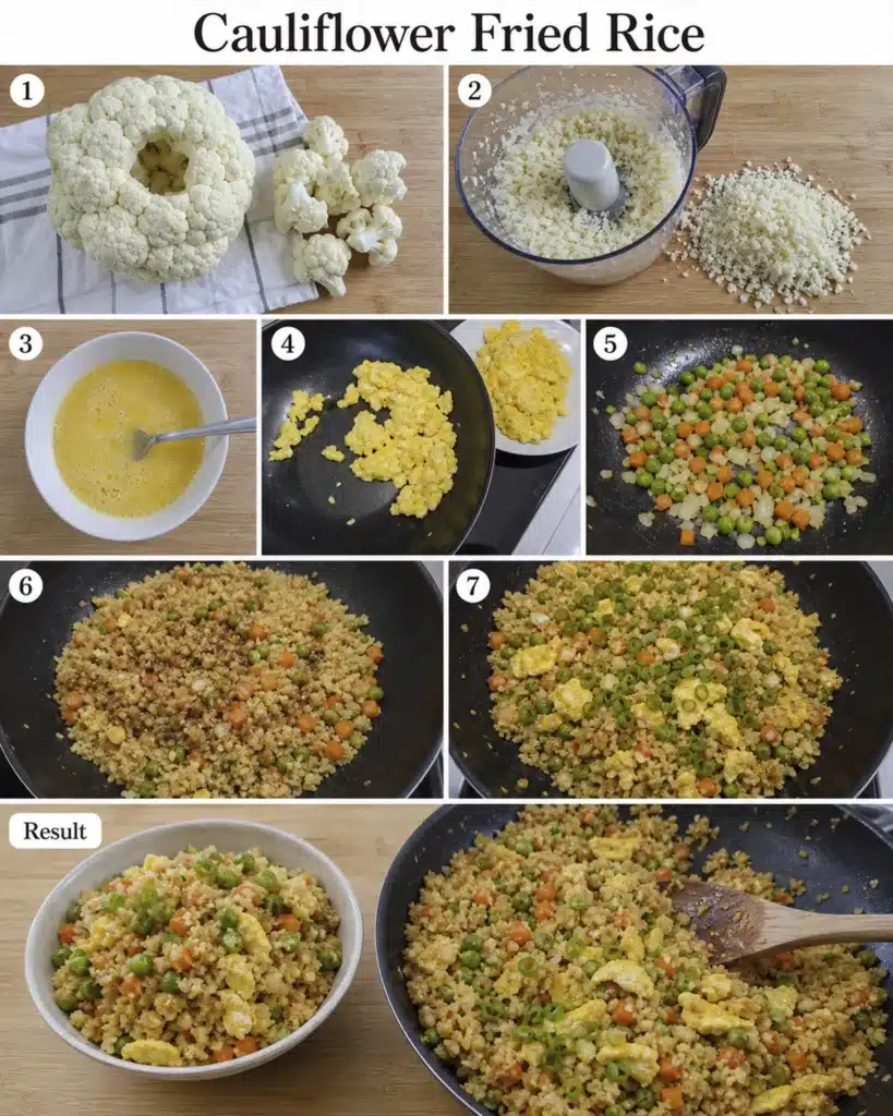 Step by step preparation of cauliflower rice with eggs and vegetables in a pan