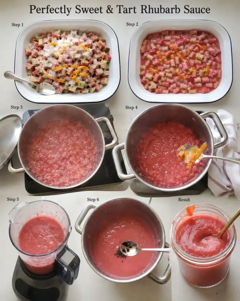 Step by step process showing chopped rhubarb mixed with sugar and cooked into a soft fruit mixture