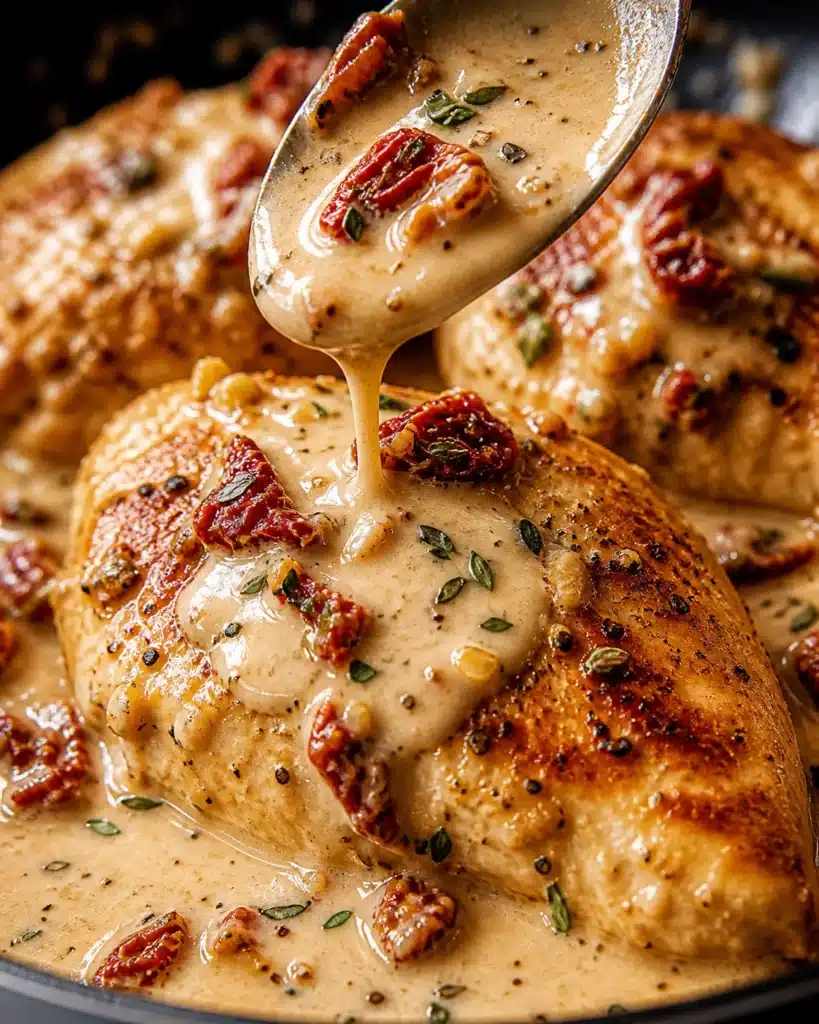Juicy chicken breast served with creamy sauce and herbs on a white plate