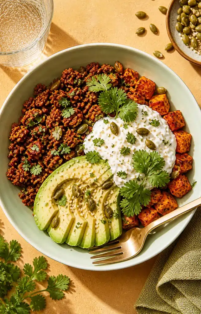 Close view of a loaded bowl with cooked ground meat, sweet potato cubes, avocado and a creamy cheese topping with herbs