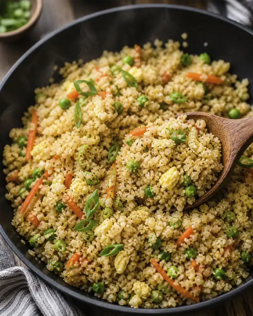 Close up of spoon scooping cauliflower rice with vegetables from a pan