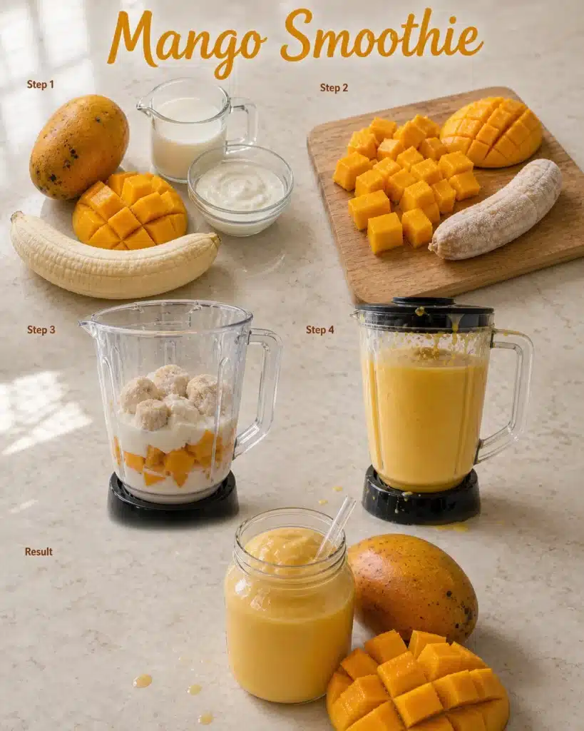 Step by step preparation of a mango drink with ingredients, blending process, and final result
