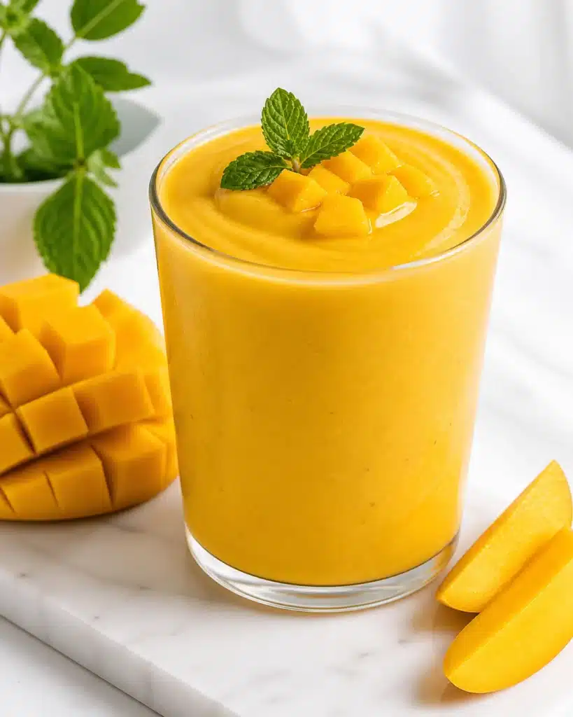 Thick mango smoothie in a glass topped with fresh mango cubes and mint leaves on a marble surface