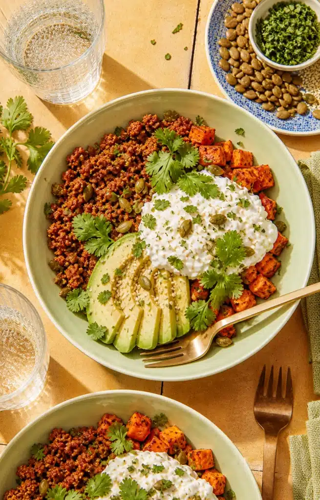 Multiple bowls served on a table with ground meat, roasted sweet potatoes, avocado slices and creamy topping garnished with herbs