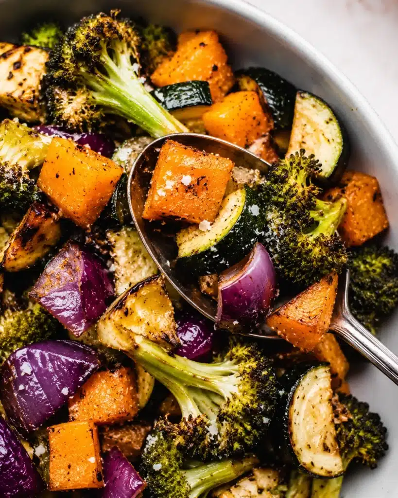 spoon lifting roasted vegetables with broccoli zucchini and sweet potato cubes