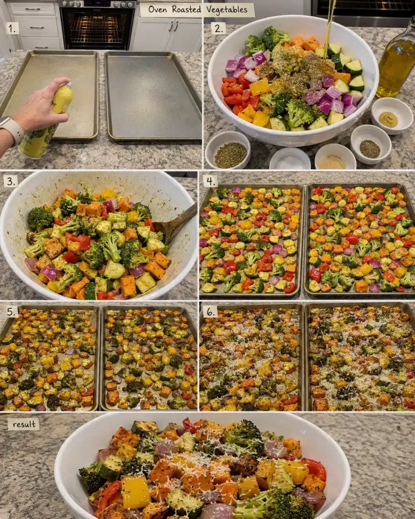 step by step process of making oven roasted vegetables on baking trays