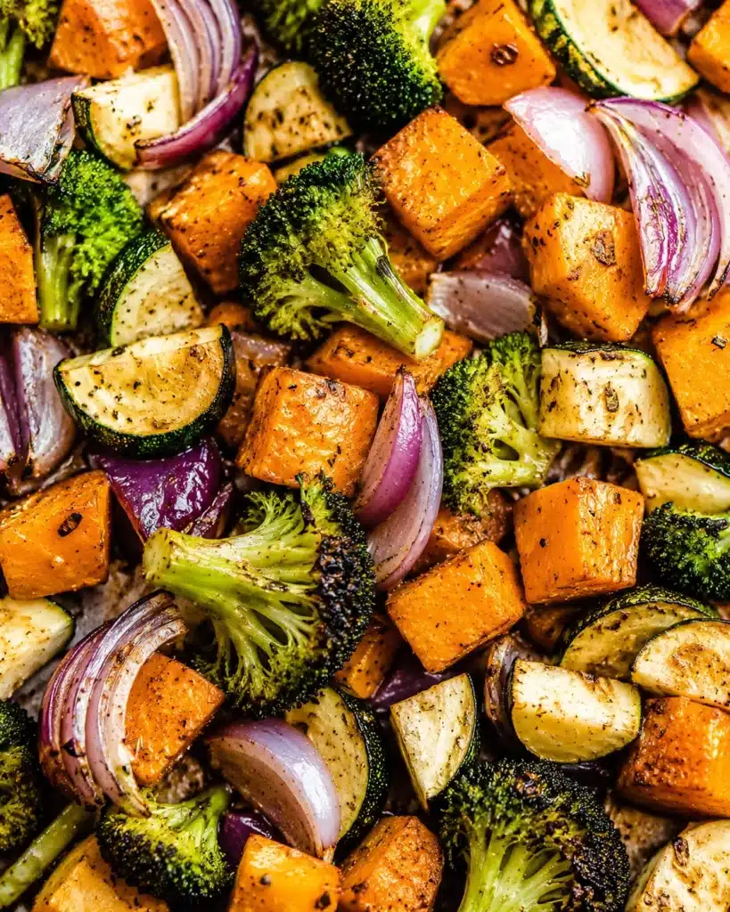 close up of roasted vegetables with seasoning and crispy edges