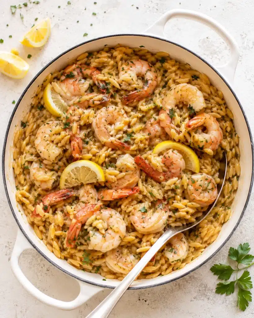 Shrimp and orzo cooked together in a white pan with parsley and lemon wedges