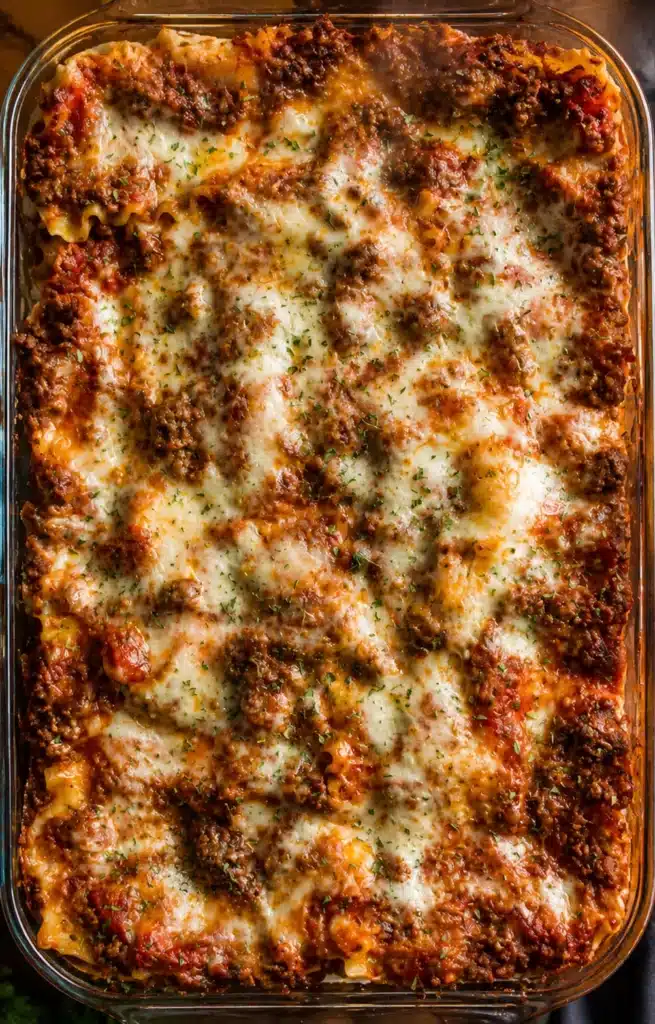 Top view of a freshly baked lasagna in a glass dish with golden melted cheese and rich meat sauce