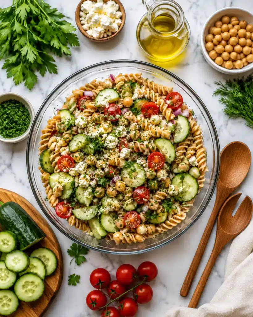 Fresh pasta salad with cherry tomatoes cucumber chickpeas and herbs arranged with ingredients on marble background