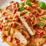 Sliced chicken breast covered in creamy parmesan sauce with sun dried tomatoes and fresh basil