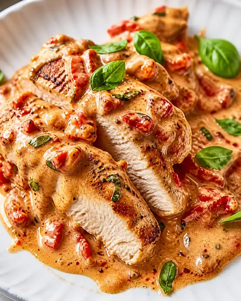 Sliced chicken breast covered in creamy parmesan sauce with sun dried tomatoes and fresh basil