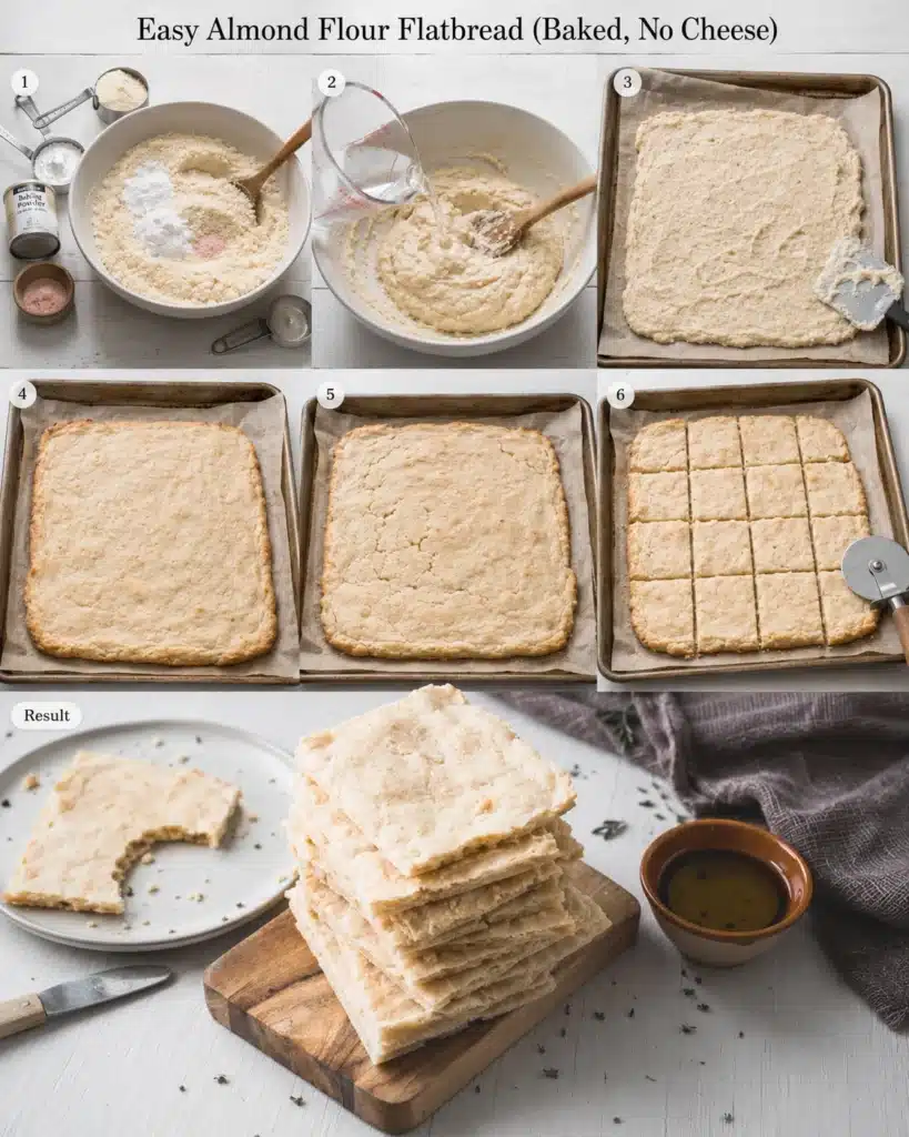 step by step process of mixing batter spreading dough baking and slicing flatbread on a tray