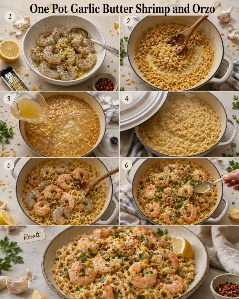 Collage showing steps of cooking shrimp and orzo from raw ingredients to finished dish