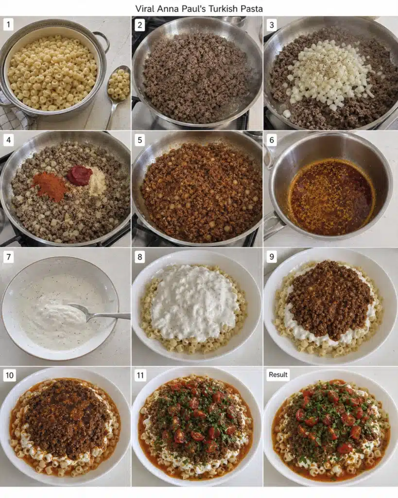 Cooking steps showing pasta boiling, beef browning, sauce preparation, and final plated dish