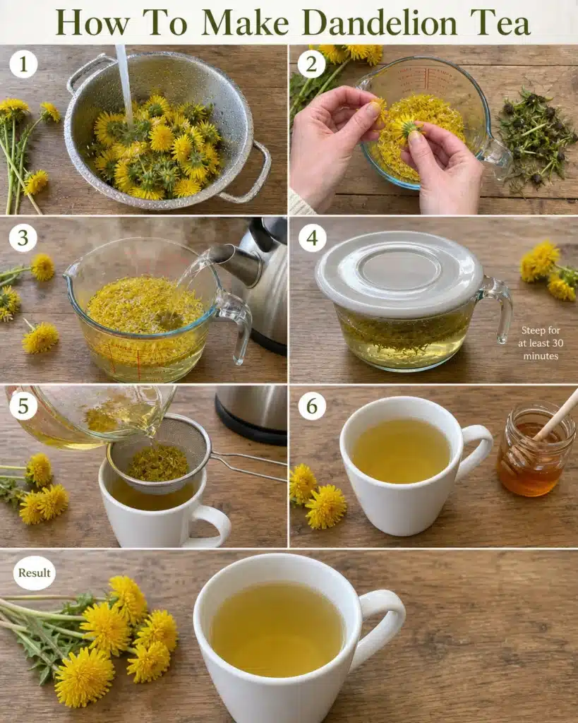 Hands preparing fresh flower infusion with hot water and straining process