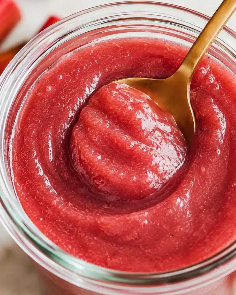 Close up of thick red fruit sauce being scooped with a golden spoon from a glass jar