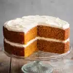 slice of moist spiced cake with cream frosting on a plate