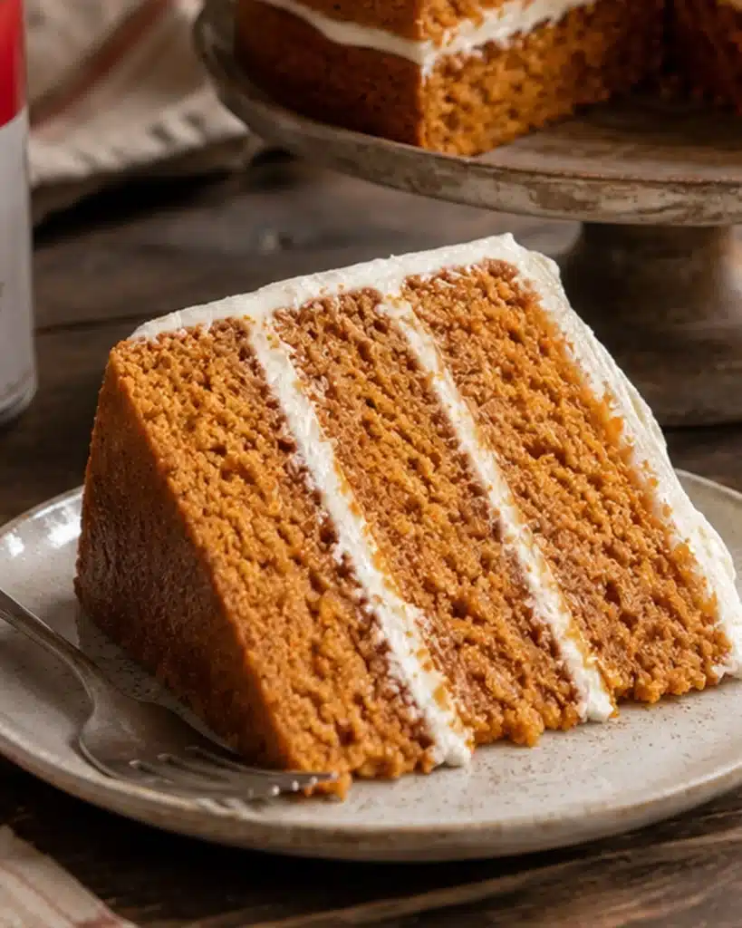 cake slice served on plate with fork and frosting layers