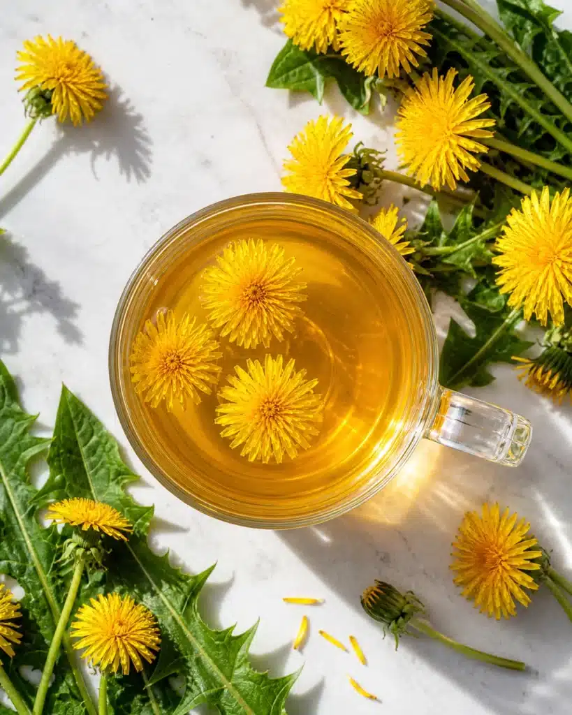 Top view of a glass cup filled with golden herbal tea and floating yellow flowers