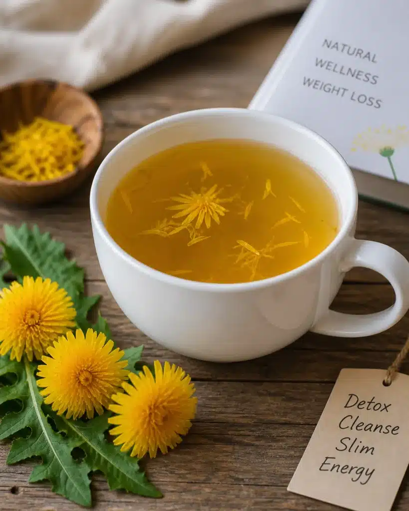 Cup of golden herbal tea with dandelion petals on a rustic wooden table