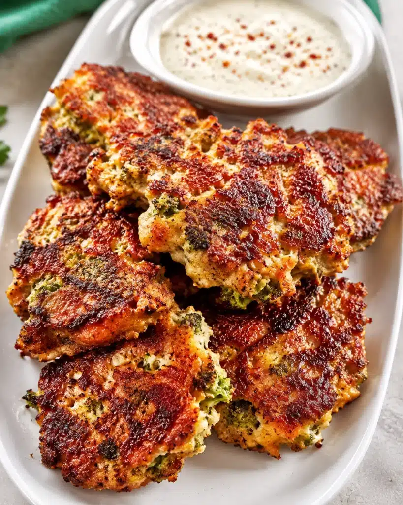 Golden crispy broccoli chicken fritters served on a white plate with creamy dipping sauce