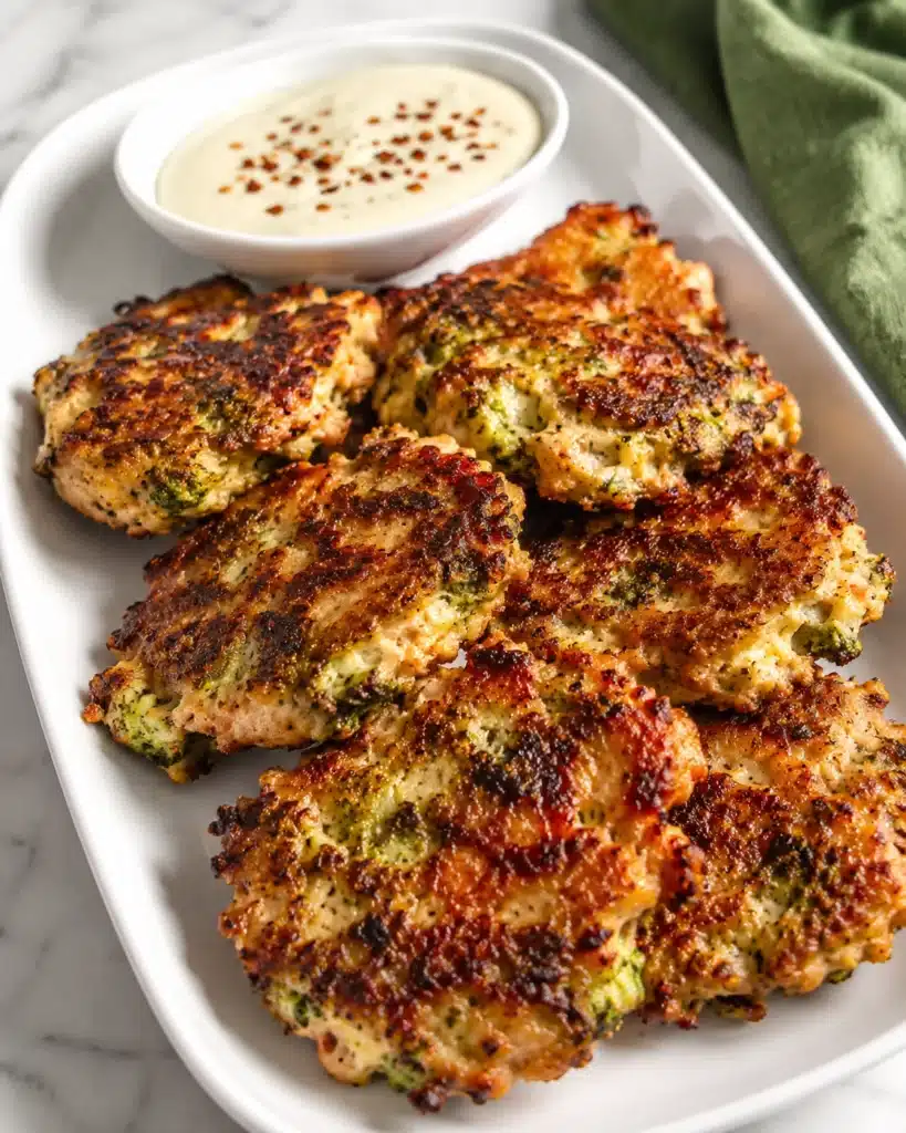 Plate of homemade fritters served with dipping sauce and fresh salad on the side