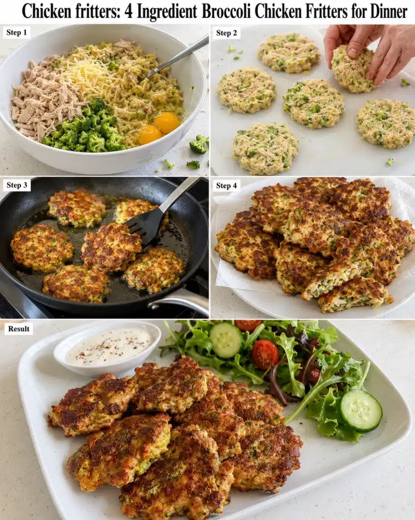 Step by step process of making broccoli chicken fritters from mixing to cooking