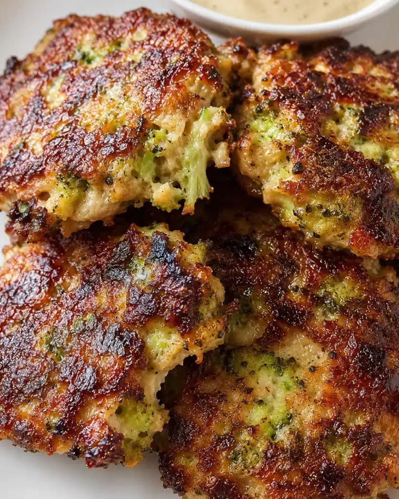 Close up of crispy fritters with broccoli pieces and golden brown crust