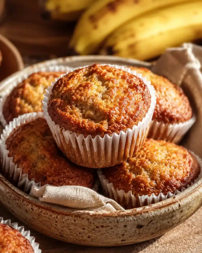 Golden banana muffins in a ceramic bowl with ripe bananas in the background