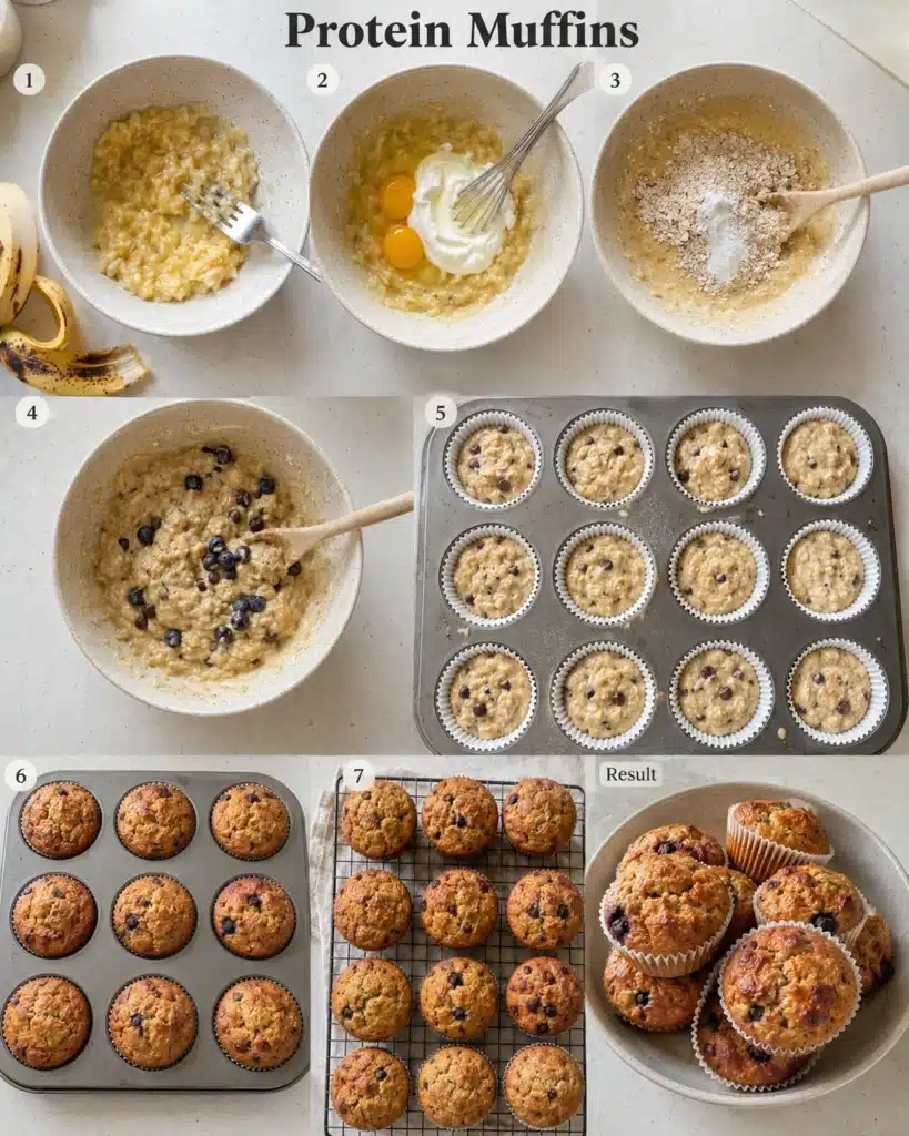 Step by step muffin recipe process with mashed banana batter and baked results