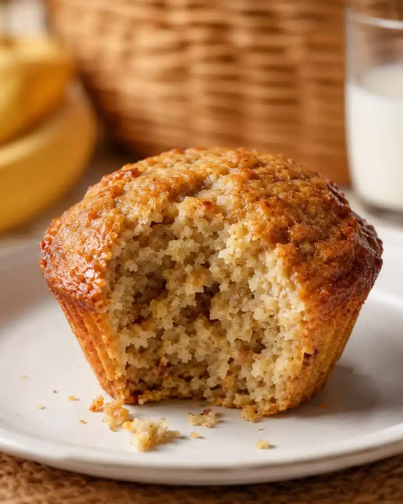 Close up banana muffin with a bite showing moist crumb and golden top