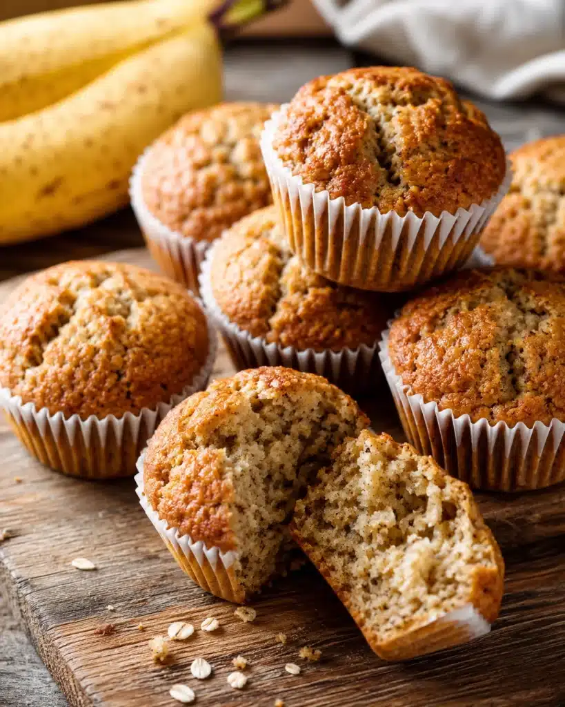 Banana oat muffins on a rustic board with ripe bananas and one muffin split open