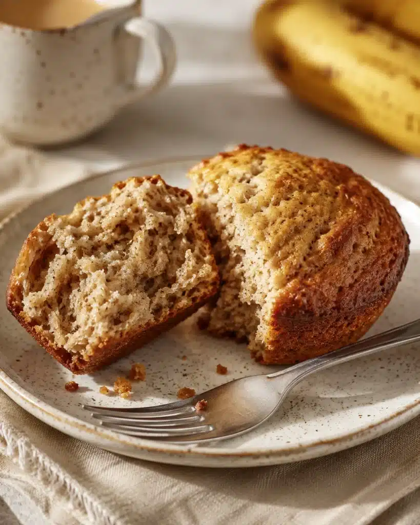 Broken banana muffin on a ceramic plate with fork and ripe bananas behind