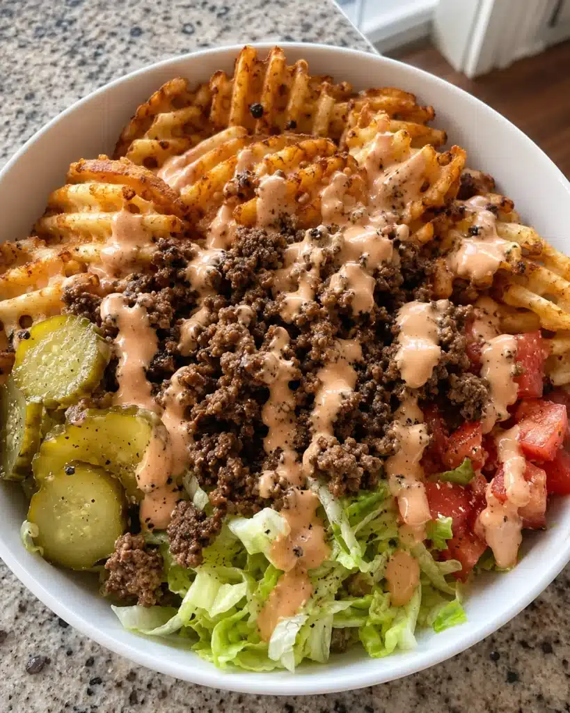 Homemade bowl with seasoned ground beef, waffle fries, pickles, tomatoes, lettuce, and creamy sauce