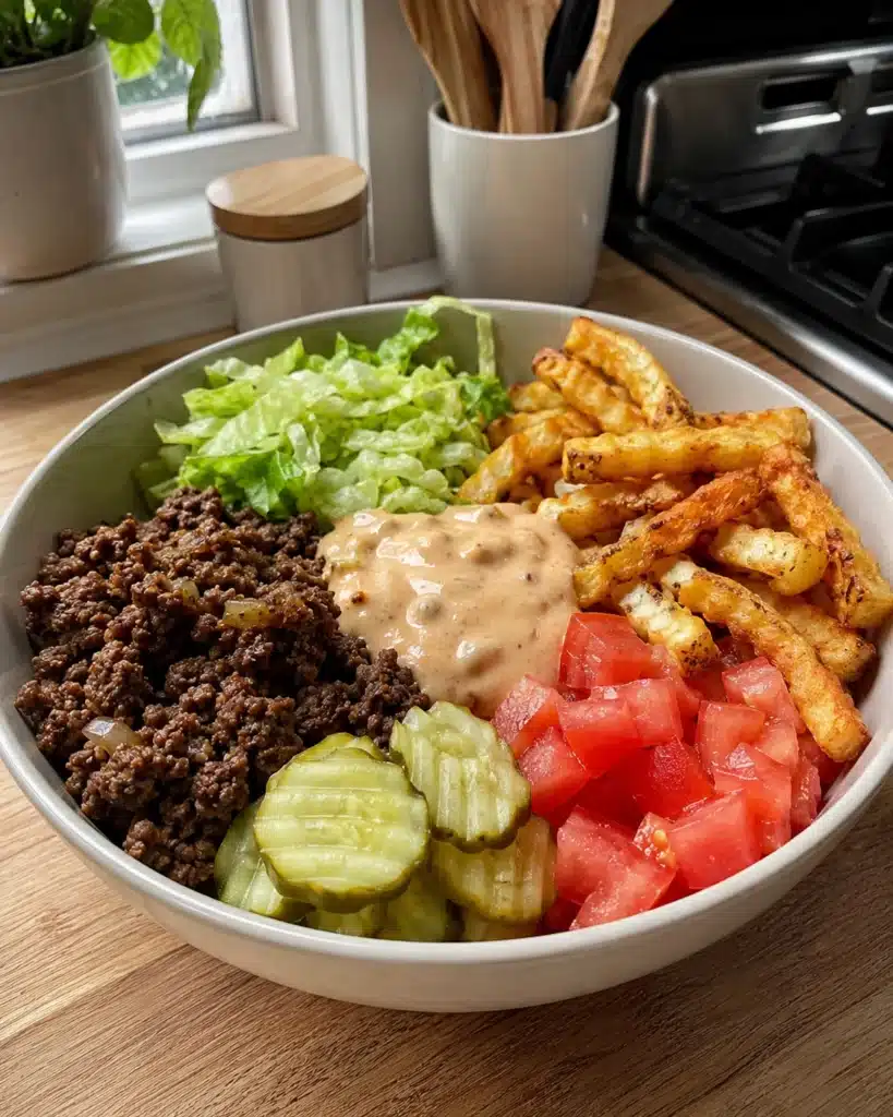 Fresh ingredients in a bowl with ground beef, lettuce, tomatoes, pickles, fries, and creamy dressing