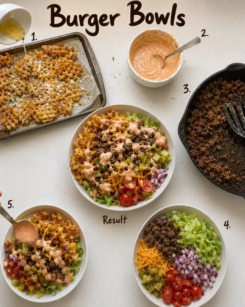 Step by step homemade bowl preparation with fries, sauce, cooked beef, and fresh ingredients