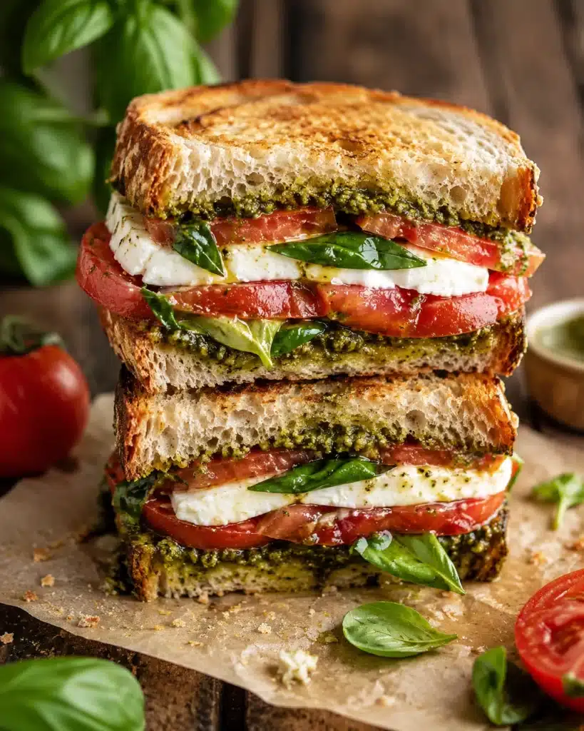 Grilled sandwich filled with mozzarella, tomatoes, basil, and pesto on toasted bread