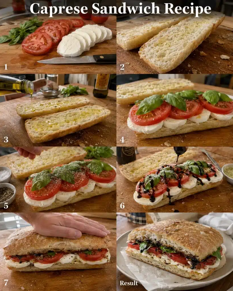 Step by step process showing slicing ingredients, assembling sandwich, and final result