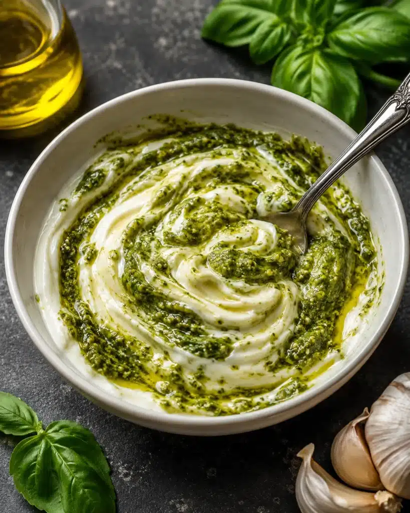 Bowl of creamy pesto mixed with mayonnaise and olive oil, surrounded by basil and garlic